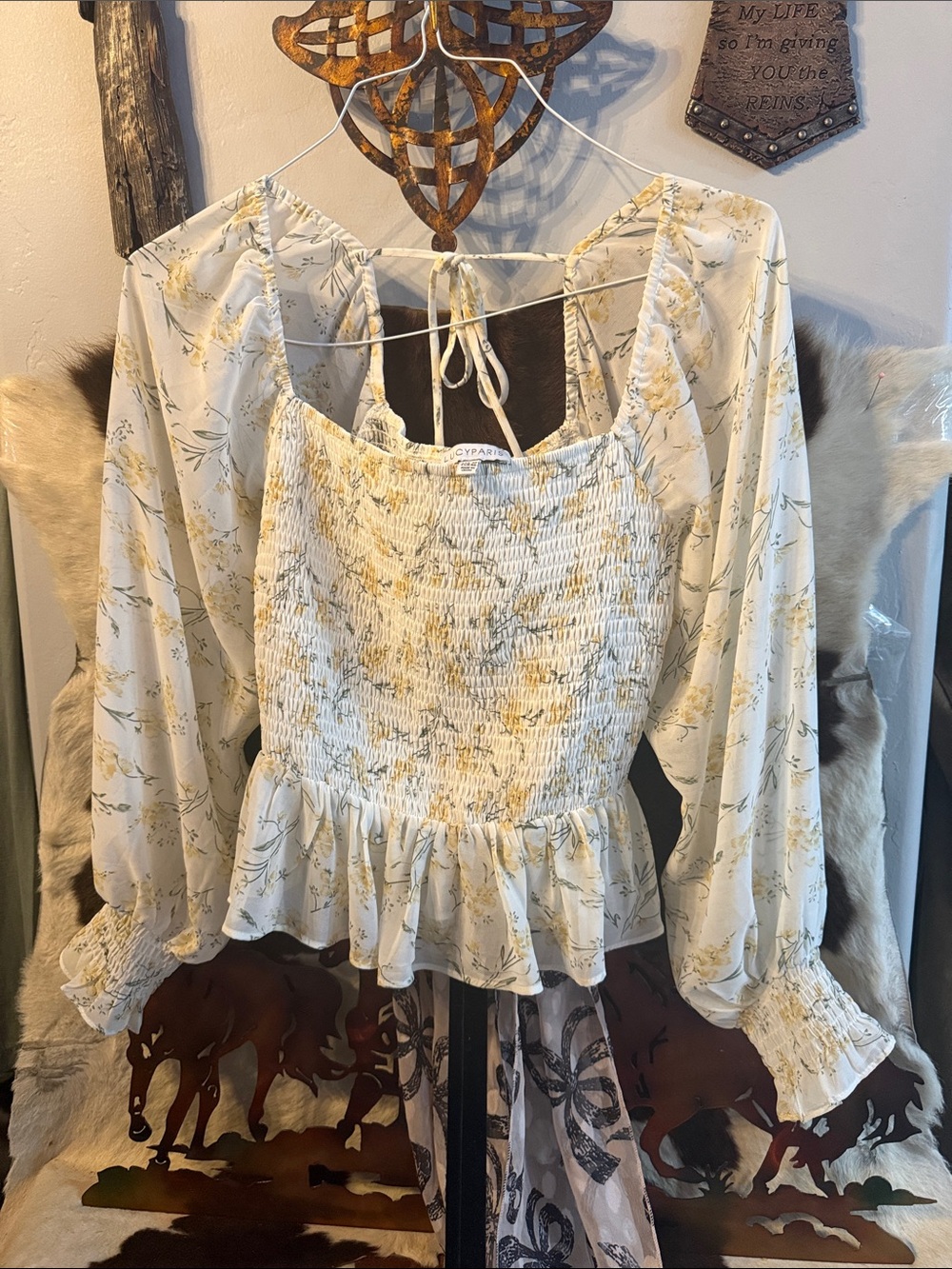 Lucy Paris White Floral Smocked Peplum Blouse with Yellow Accents